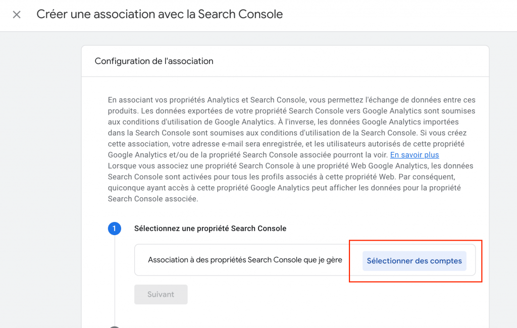 google analytics associer search console selectionner comptes