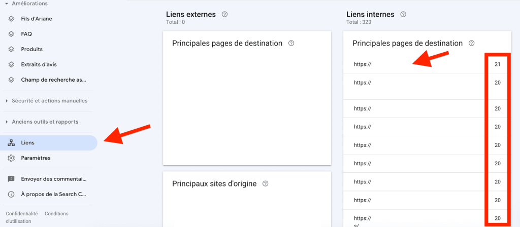 google search console liens internes