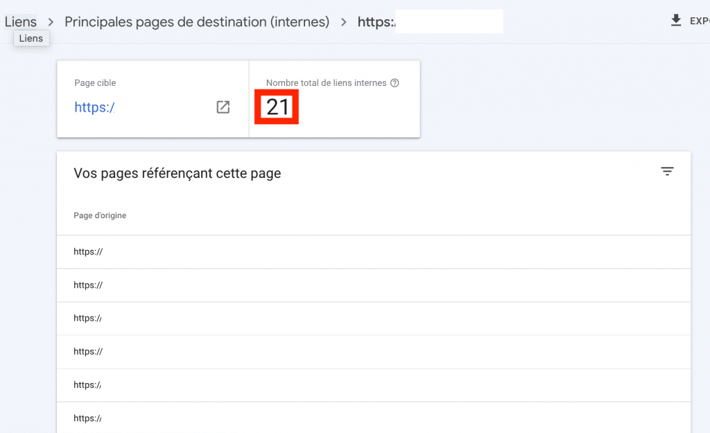 google search console rapport liens internes cible