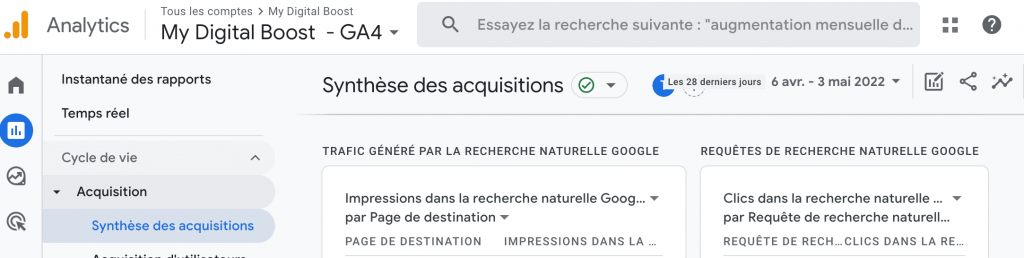 rapports recherche naturelle google analytics 4 google search console